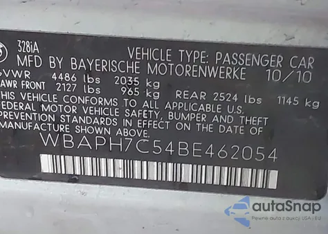 2011 BMW 328I из США, поврежденный, VIN WBAPH7C54BE462054